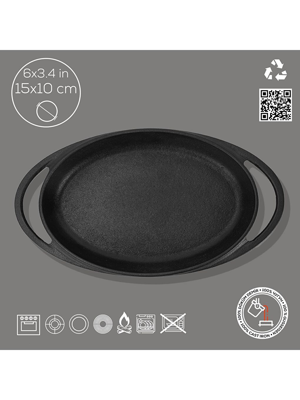 Siyah Oval Sahan Döküm Demir Yekpare Çift Kulplu Ölçü 15x10cm.-2