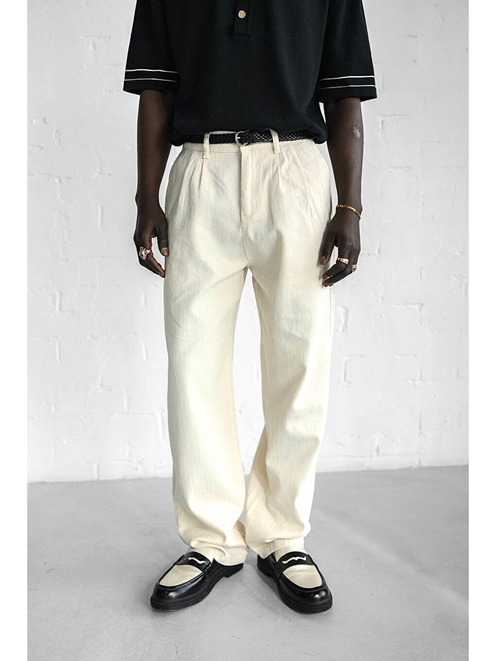 Erkek Beli Lastikli Desenli Baggy Pantolon Bej