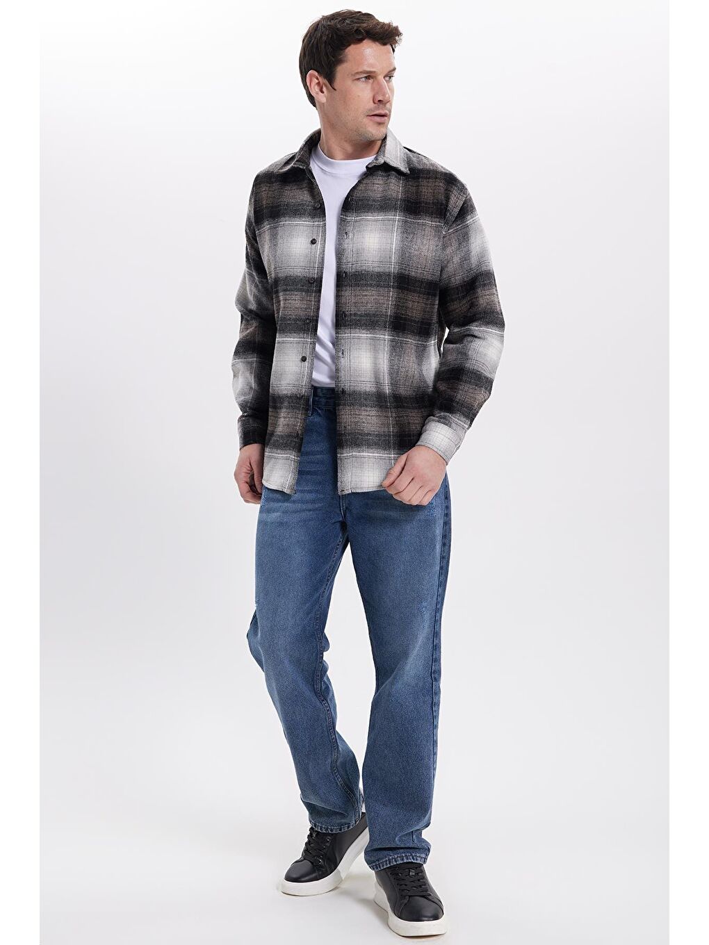 Gri Erkek Relax Fit Rahat Kesim Kışlık Kareli Oduncu Gömlek-2