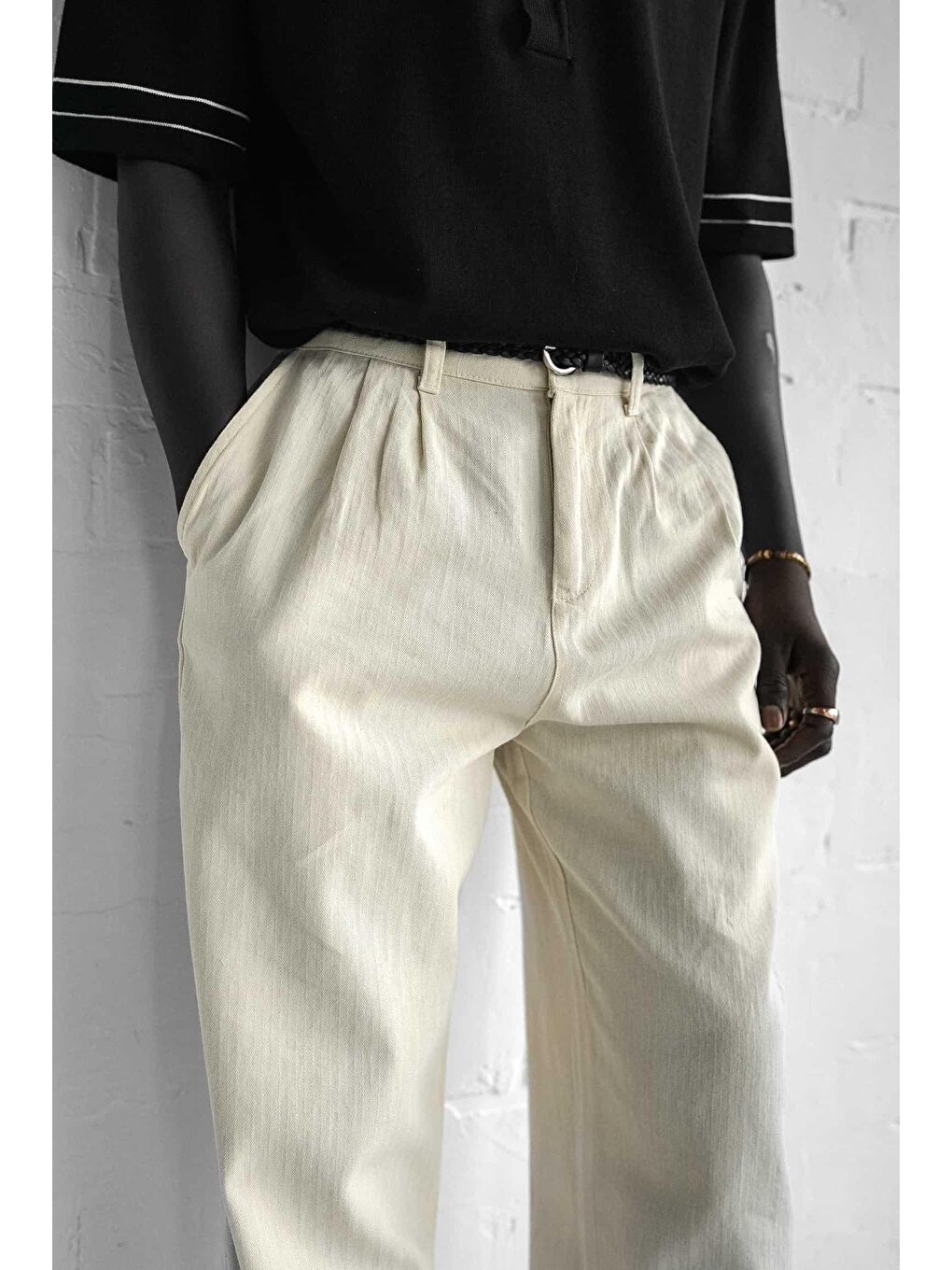 Erkek Beli Lastikli Desenli Baggy Pantolon Bej-2