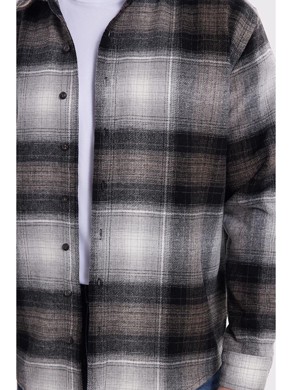 Gri Erkek Relax Fit Rahat Kesim Kışlık Kareli Oduncu Gömlek-3