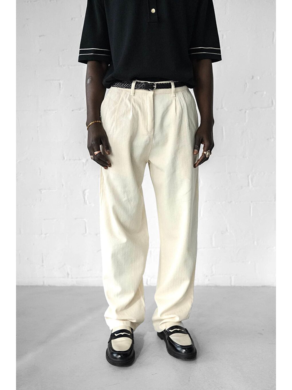 Erkek Beli Lastikli Desenli Baggy Pantolon Bej-3