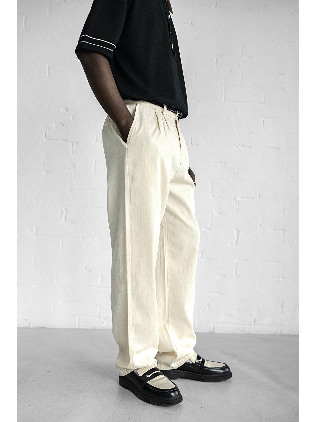 Erkek Beli Lastikli Desenli Baggy Pantolon Bej-4