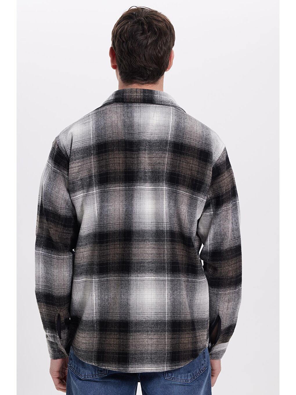 Gri Erkek Relax Fit Rahat Kesim Kışlık Kareli Oduncu Gömlek-5