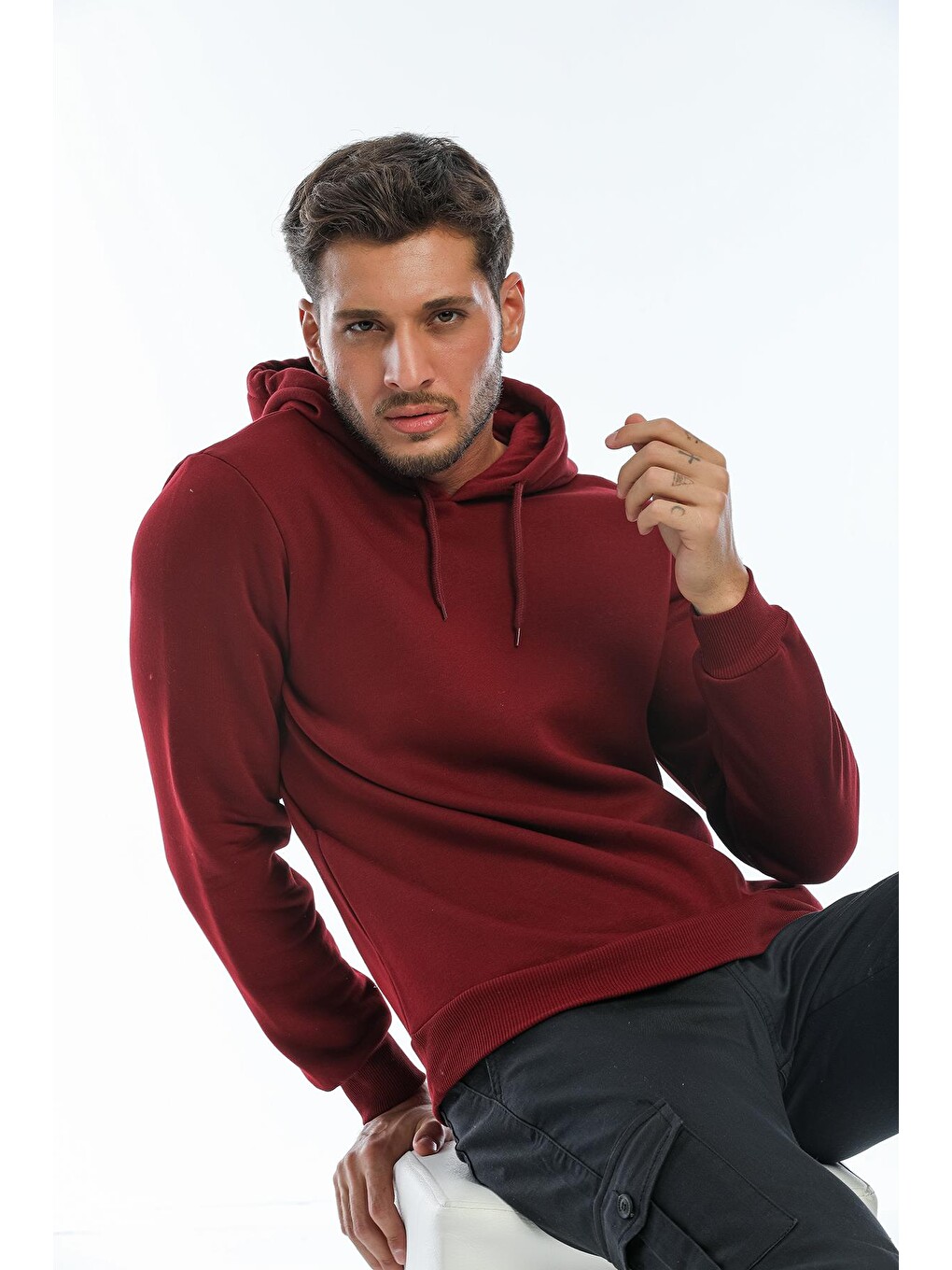 Bordo Kapüşonlu Basic Geniş Kesim Erkek İçi Polarlı Sweatshirt