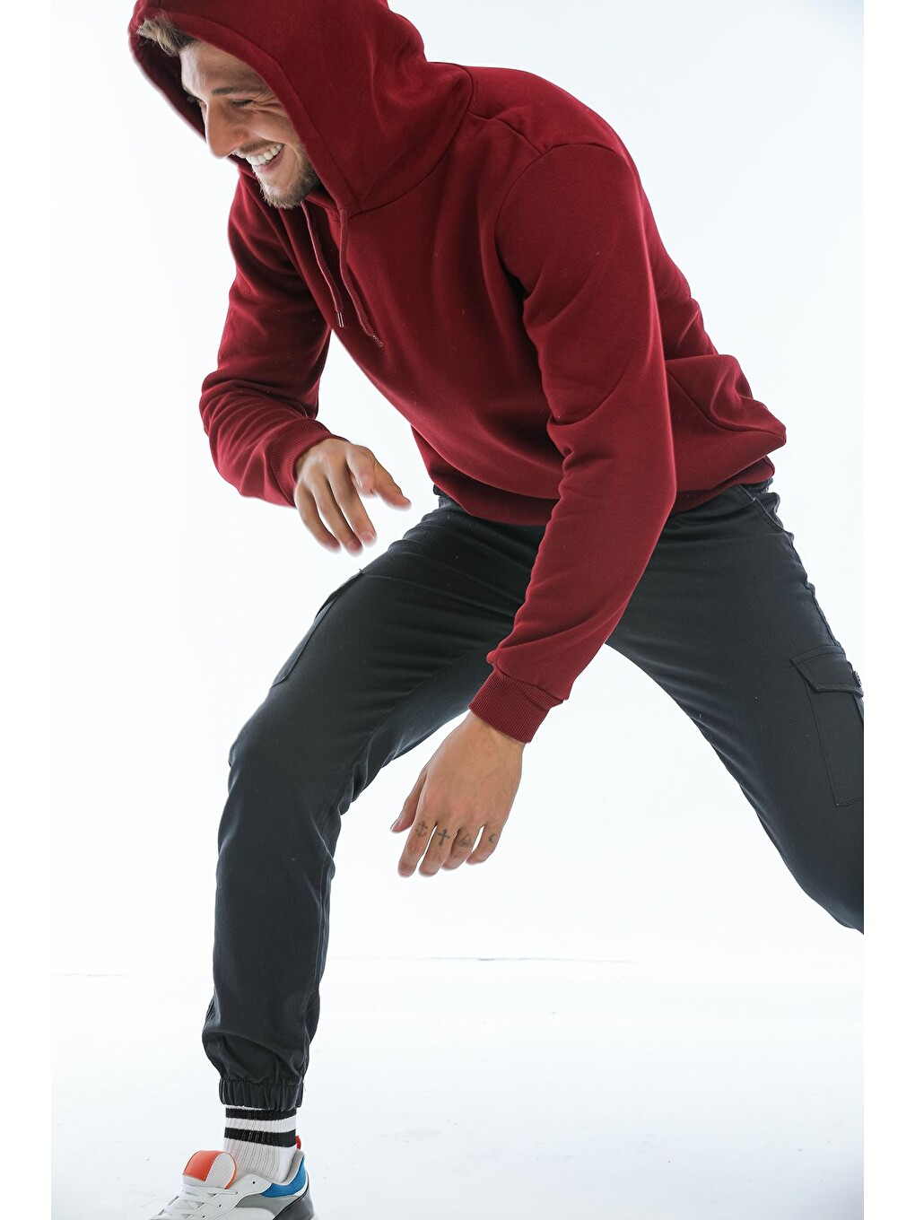 Bordo Kapüşonlu Basic Geniş Kesim Erkek İçi Polarlı Sweatshirt-1