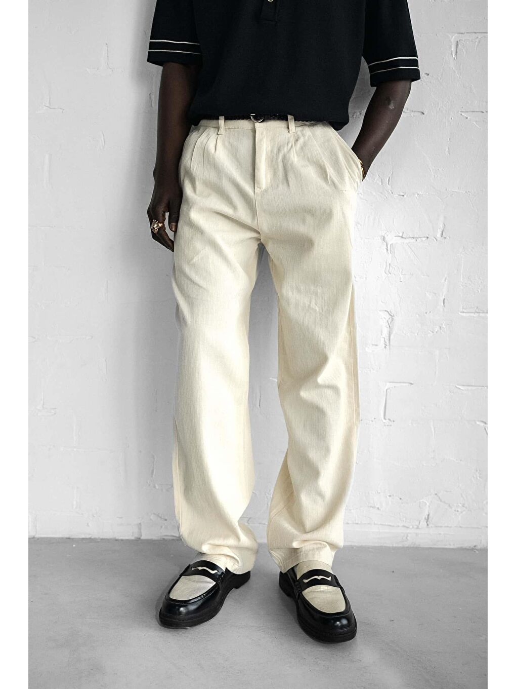 Erkek Beli Lastikli Desenli Baggy Pantolon Bej-5