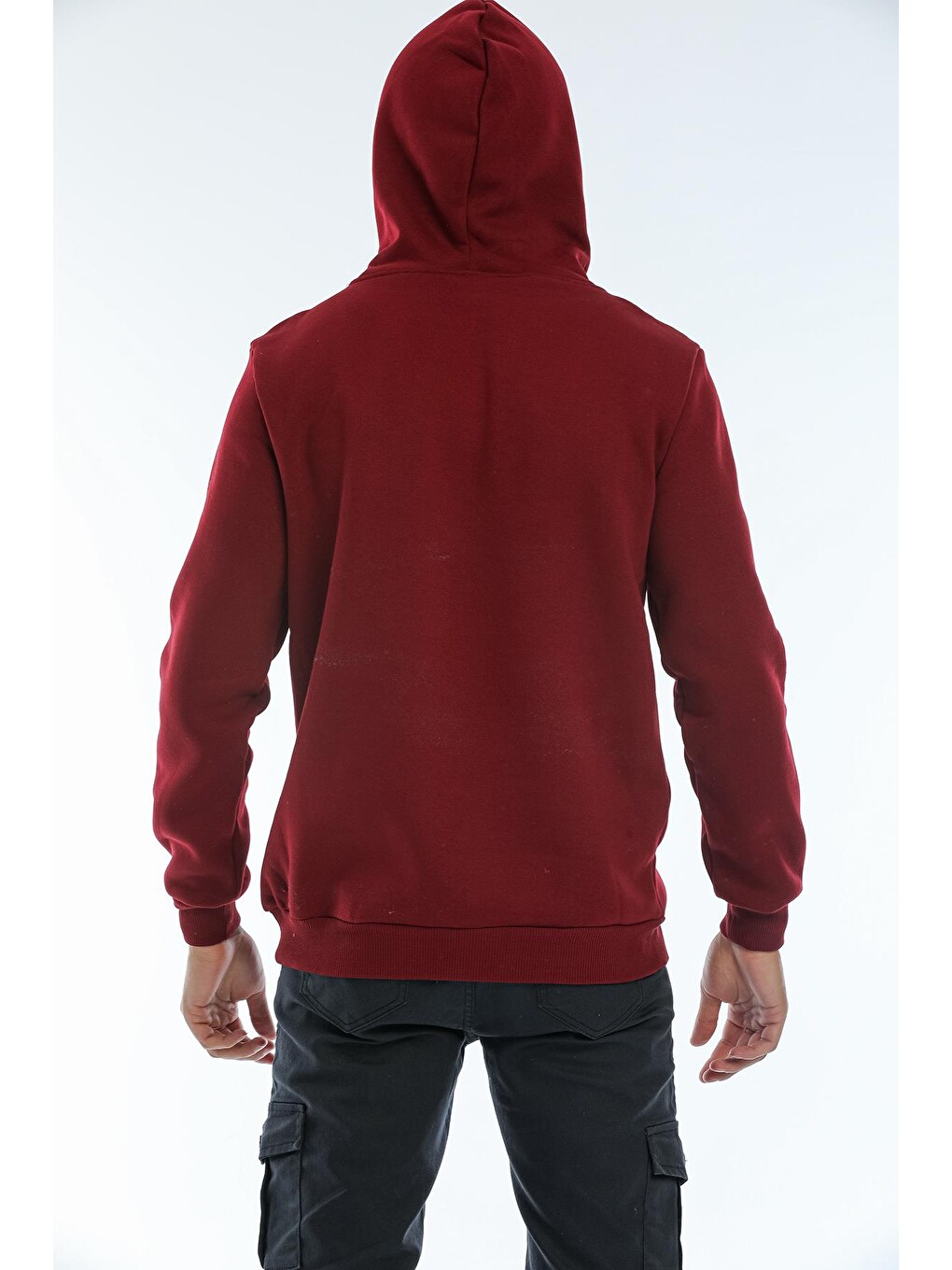 Bordo Kapüşonlu Basic Geniş Kesim Erkek İçi Polarlı Sweatshirt-2