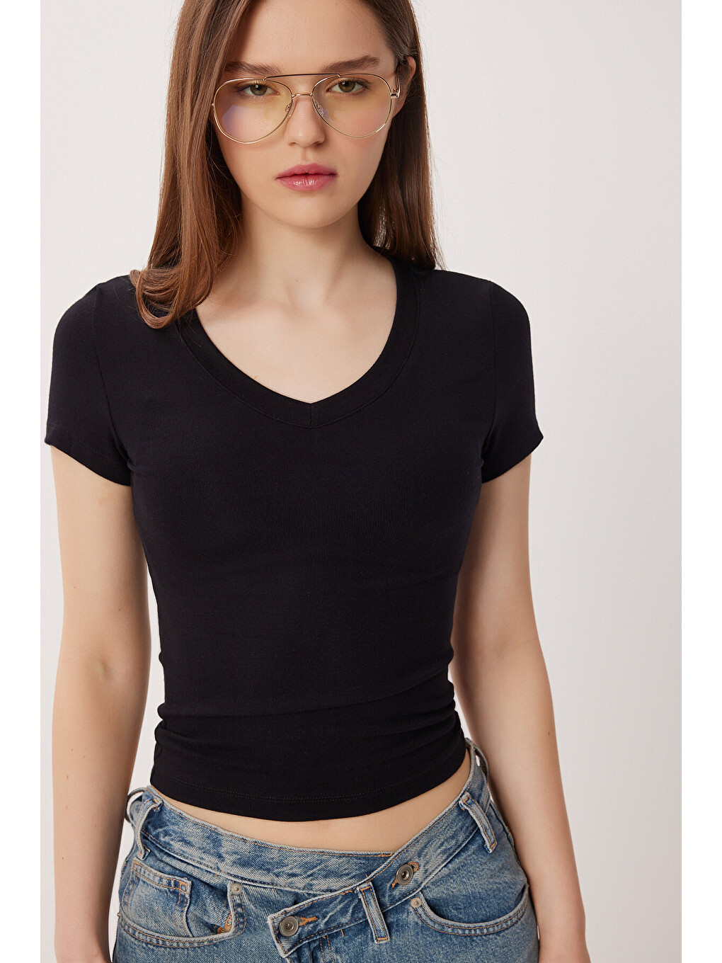 V Yaka Basic Örme T-shirt Siyah Ldz0069