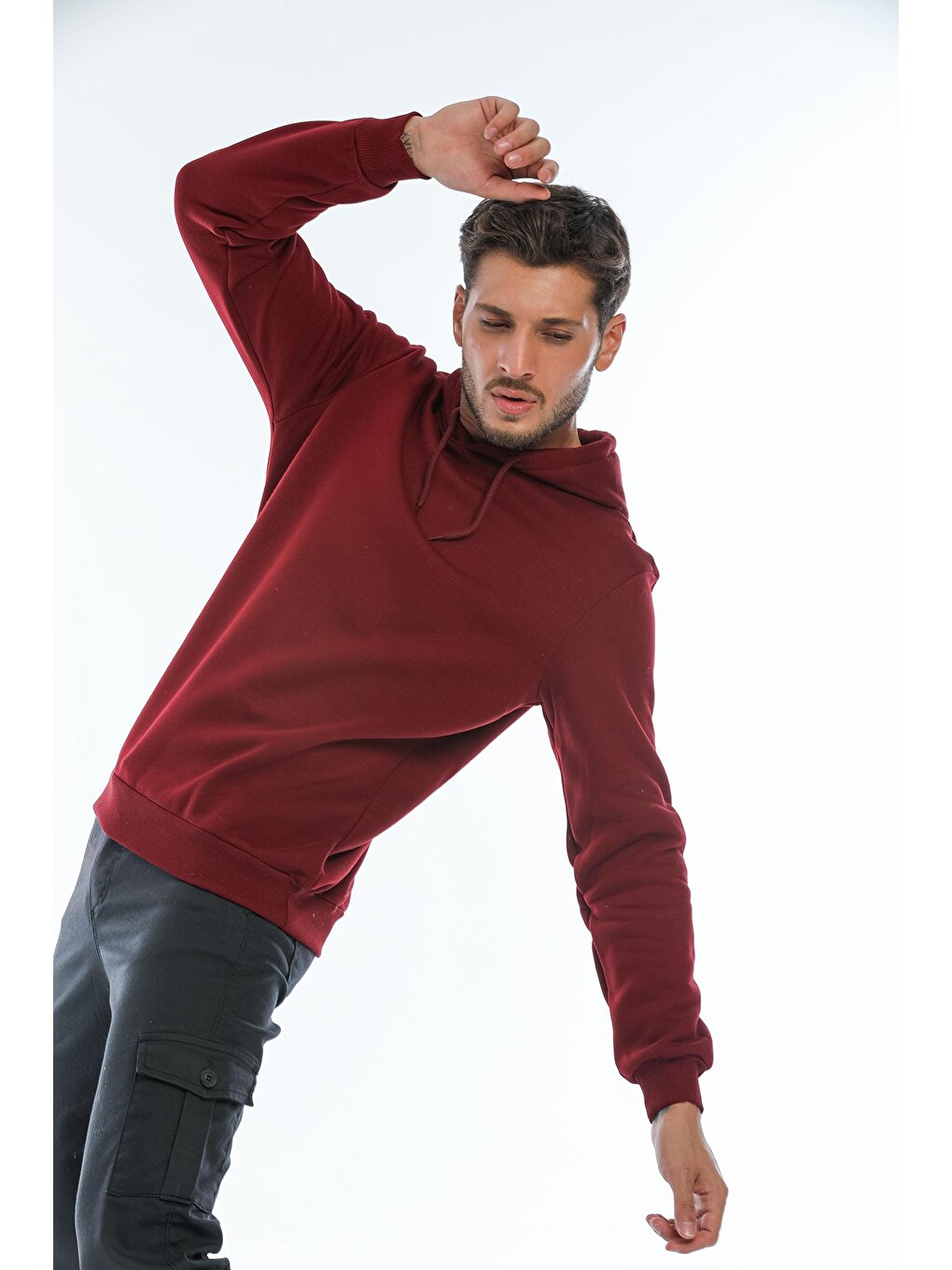 Bordo Kapüşonlu Basic Geniş Kesim Erkek İçi Polarlı Sweatshirt-3