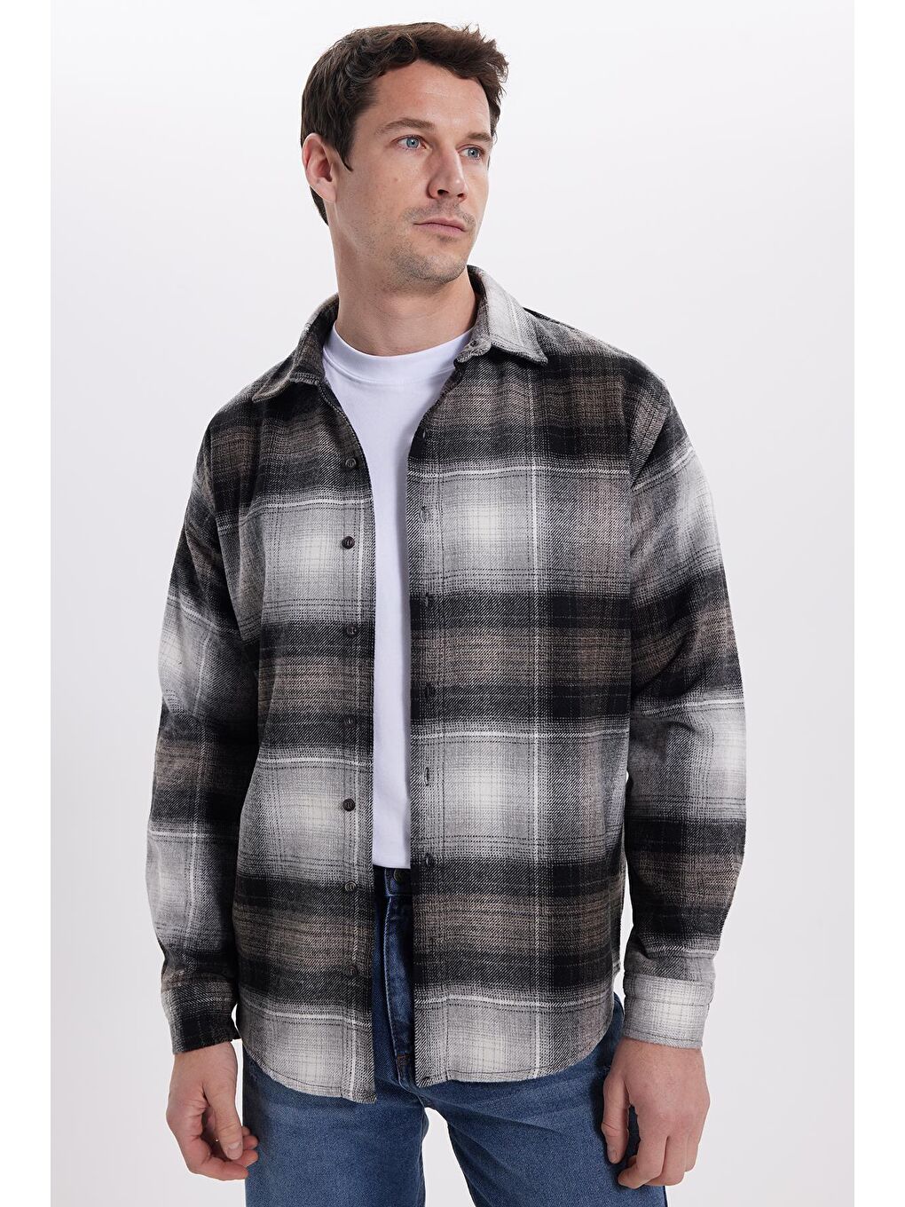 Gri Erkek Relax Fit Rahat Kesim Kışlık Kareli Oduncu Gömlek-6