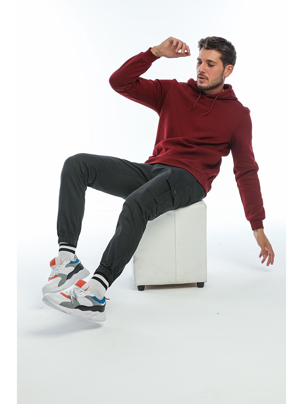 Bordo Kapüşonlu Basic Geniş Kesim Erkek İçi Polarlı Sweatshirt-4