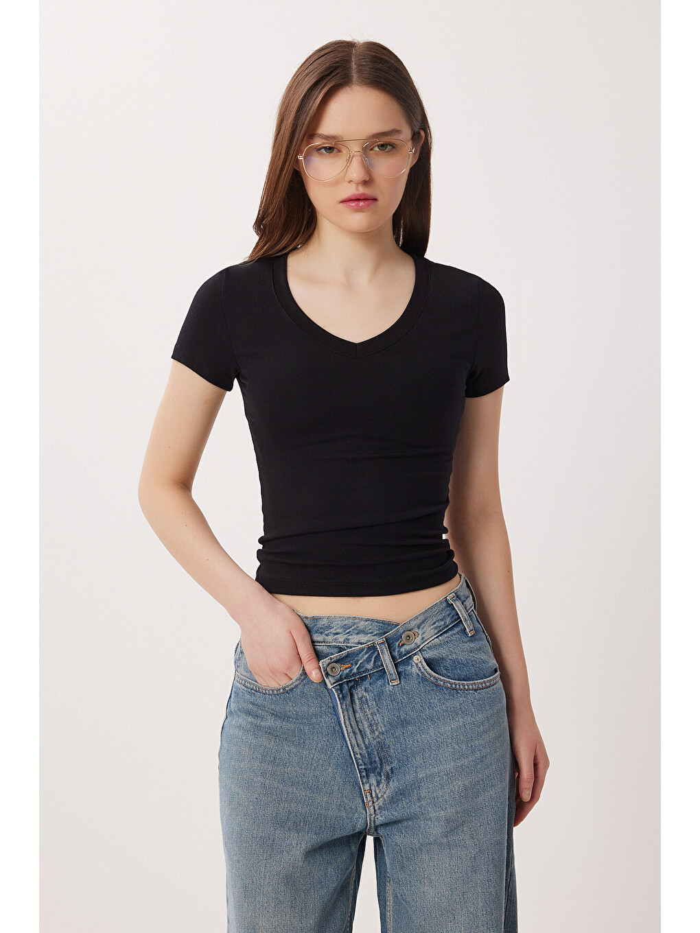 V Yaka Basic Örme T-shirt Siyah Ldz0069-1