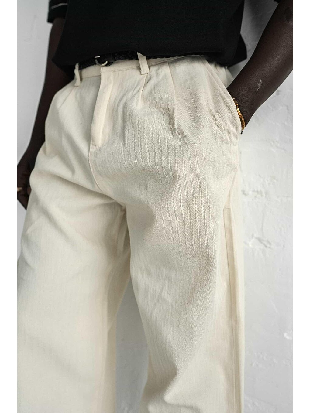 Erkek Beli Lastikli Desenli Baggy Pantolon Bej-6