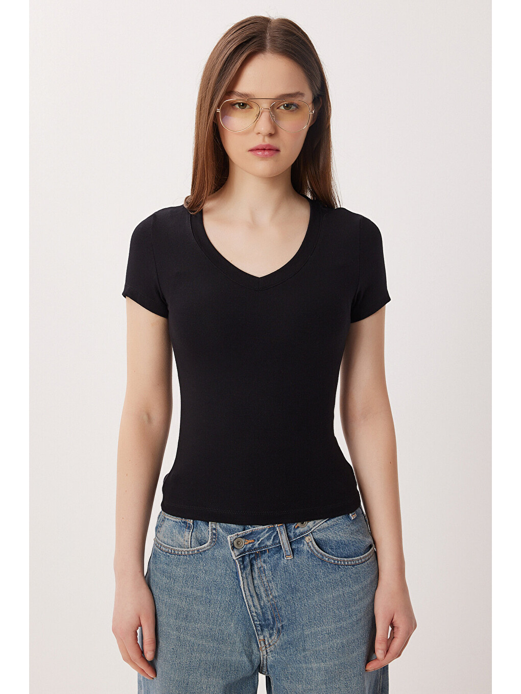 V Yaka Basic Örme T-shirt Siyah Ldz0069-2