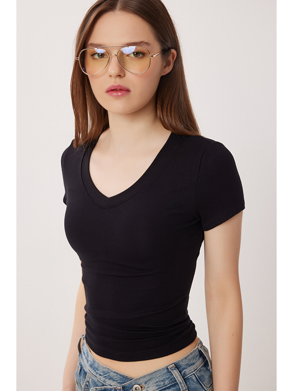 V Yaka Basic Örme T-shirt Siyah Ldz0069-3