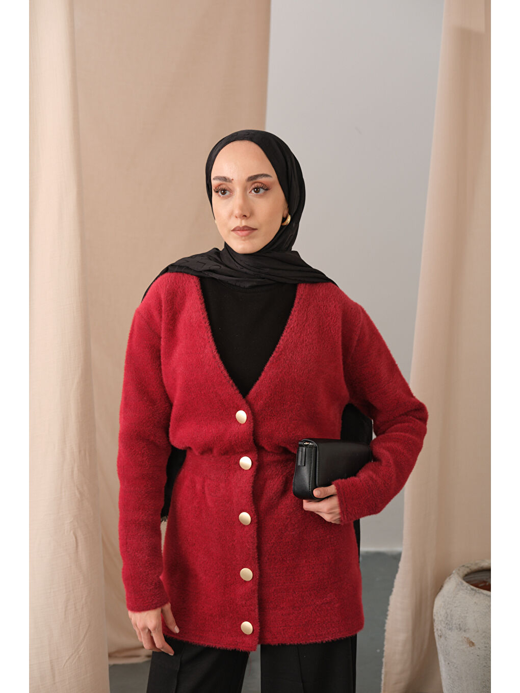 Kadın Gold Düğme Detay Hırka Kırmızı-1