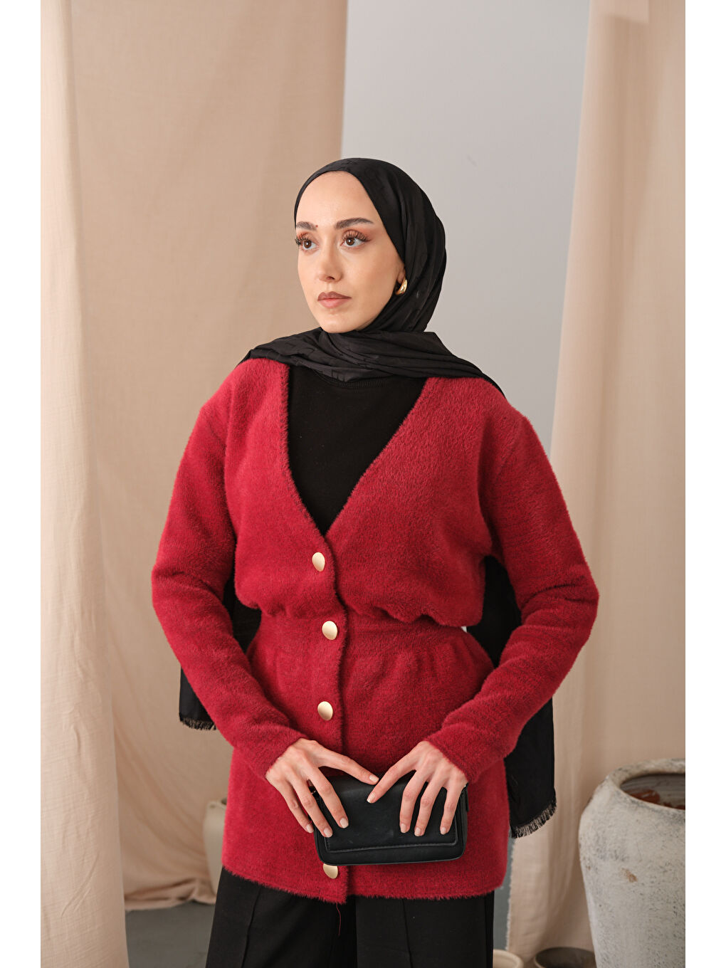 Kadın Gold Düğme Detay Hırka Kırmızı-2