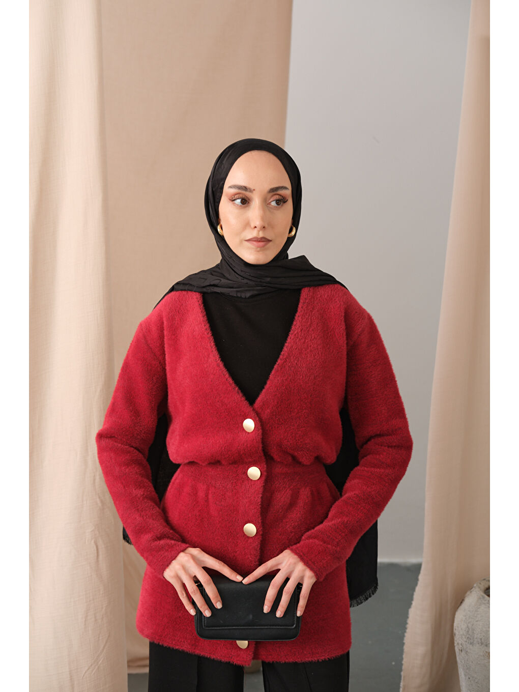 Kadın Gold Düğme Detay Hırka Kırmızı-3