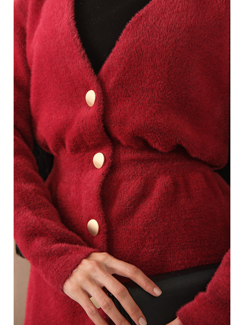 Kadın Gold Düğme Detay Hırka Kırmızı-4