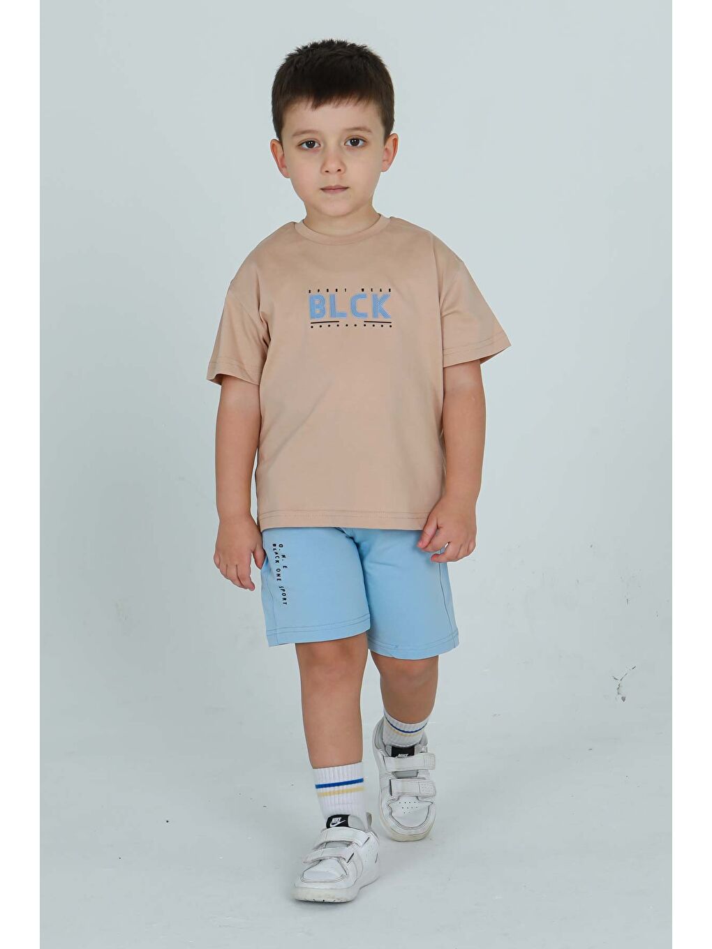 Bej Bisiklet Yaka Şortlu Erkek Çocuk Eşofman Takımı