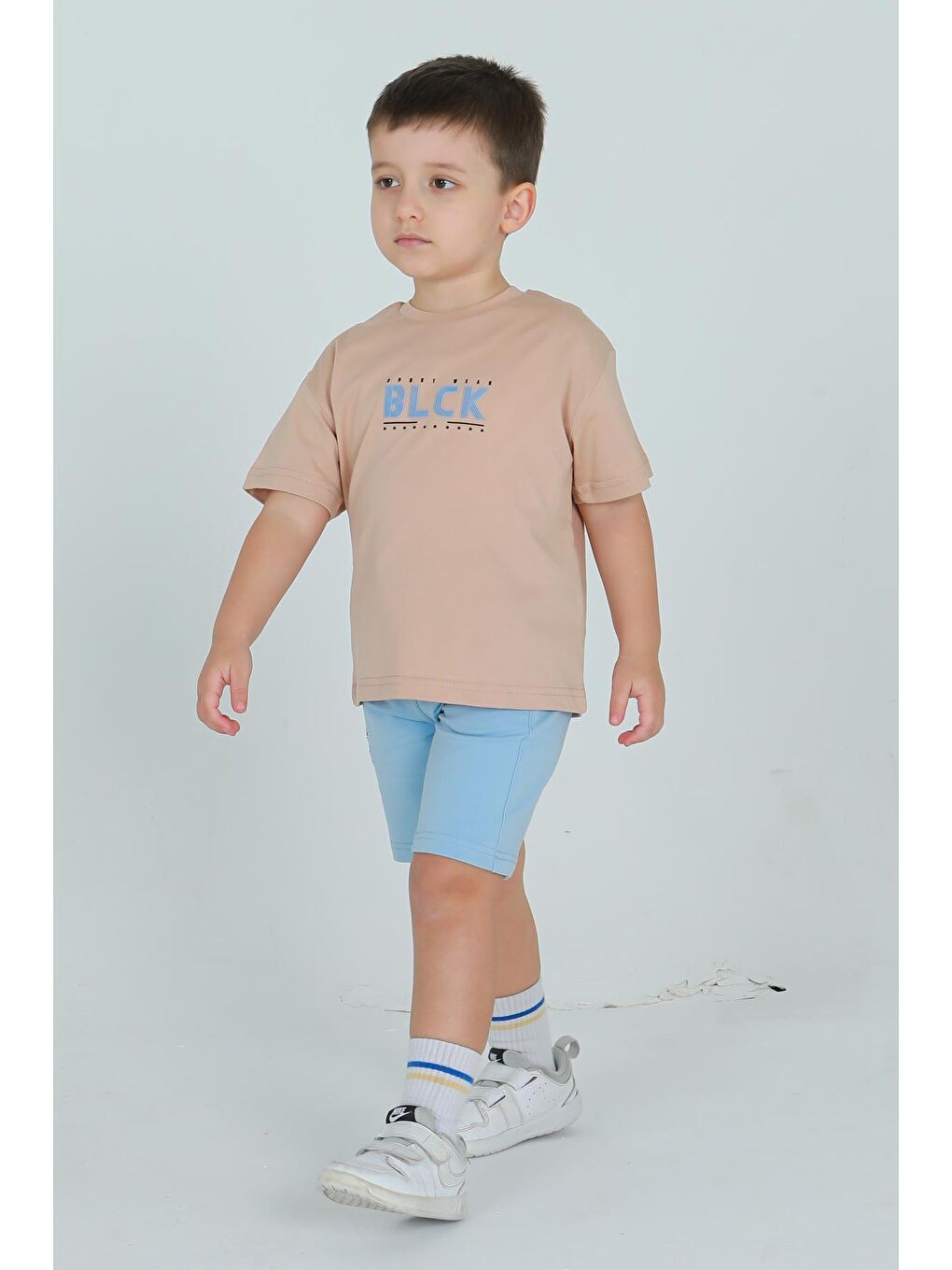 Bej Bisiklet Yaka Şortlu Erkek Çocuk Eşofman Takımı-1