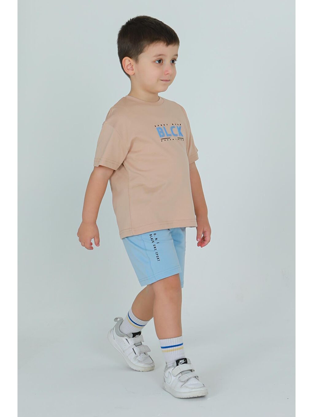 Bej Bisiklet Yaka Şortlu Erkek Çocuk Eşofman Takımı-2