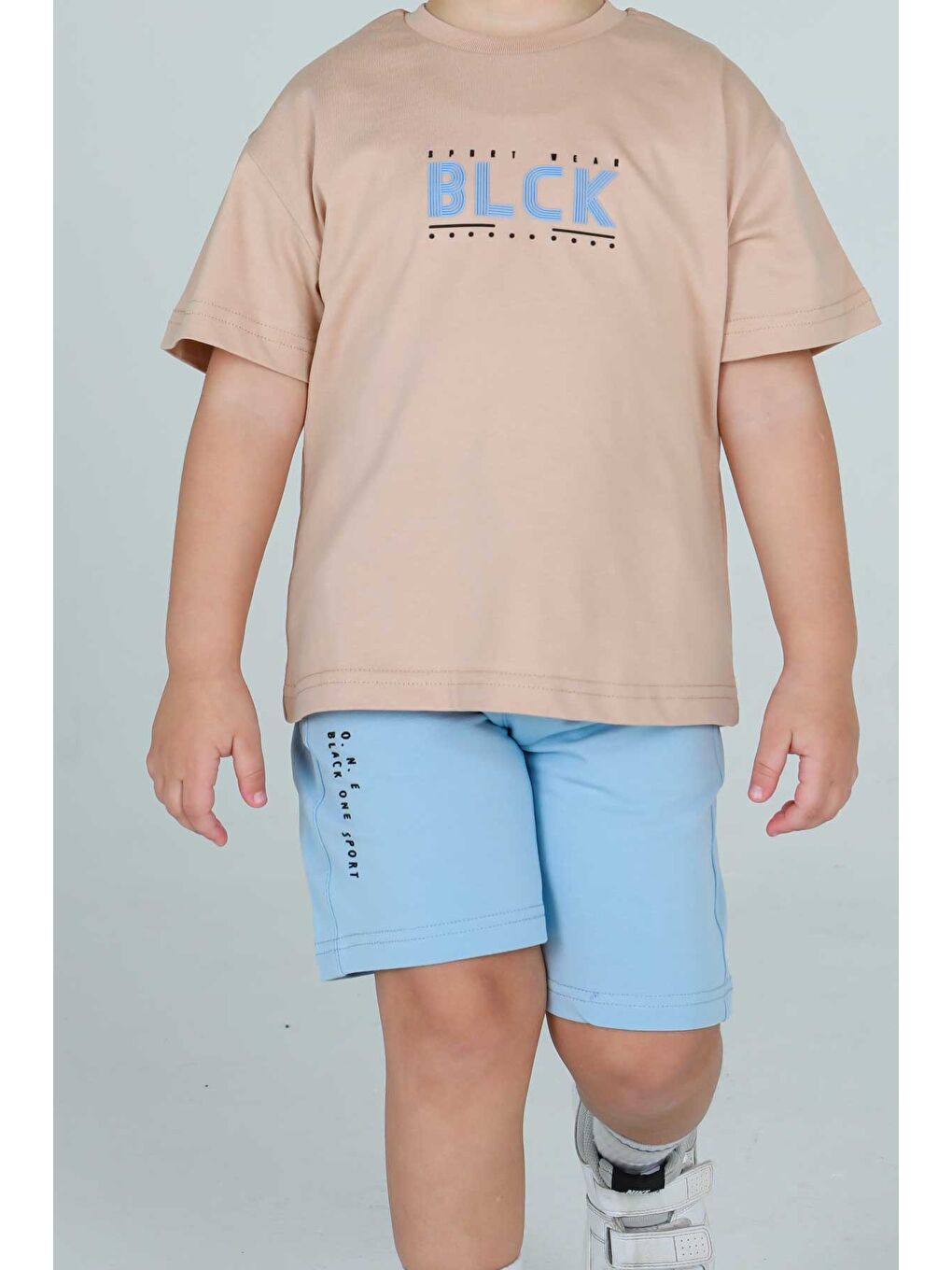 Bej Bisiklet Yaka Şortlu Erkek Çocuk Eşofman Takımı-3