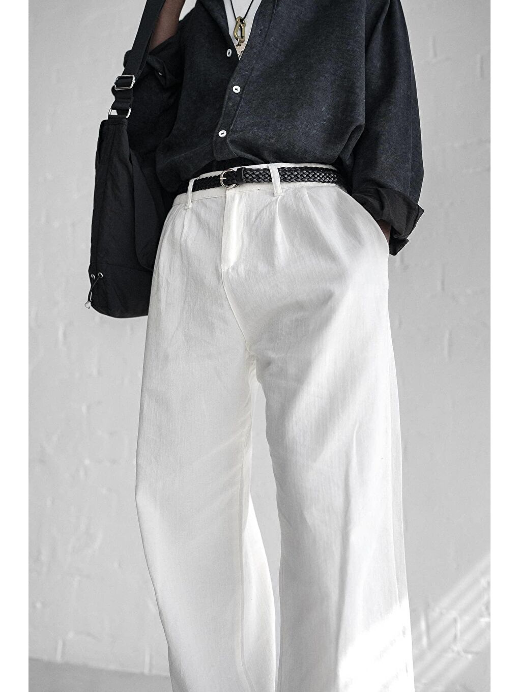 Erkek Beli Lastikli Desenli Baggy Pantolon Beyaz-1