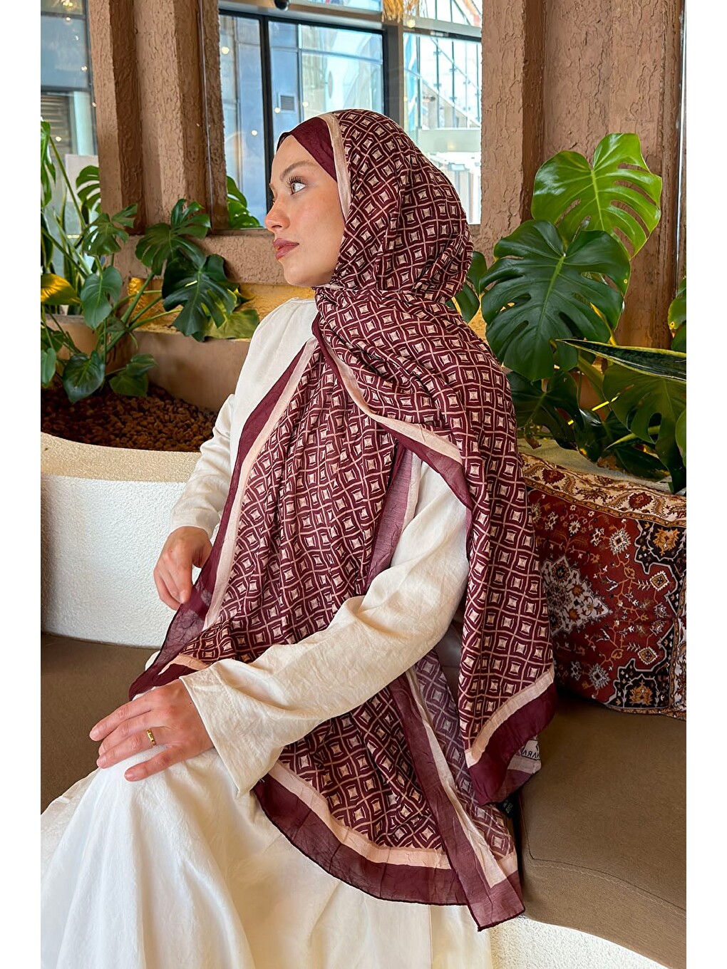 Etnik Desen Bambu Şal Bordo-3