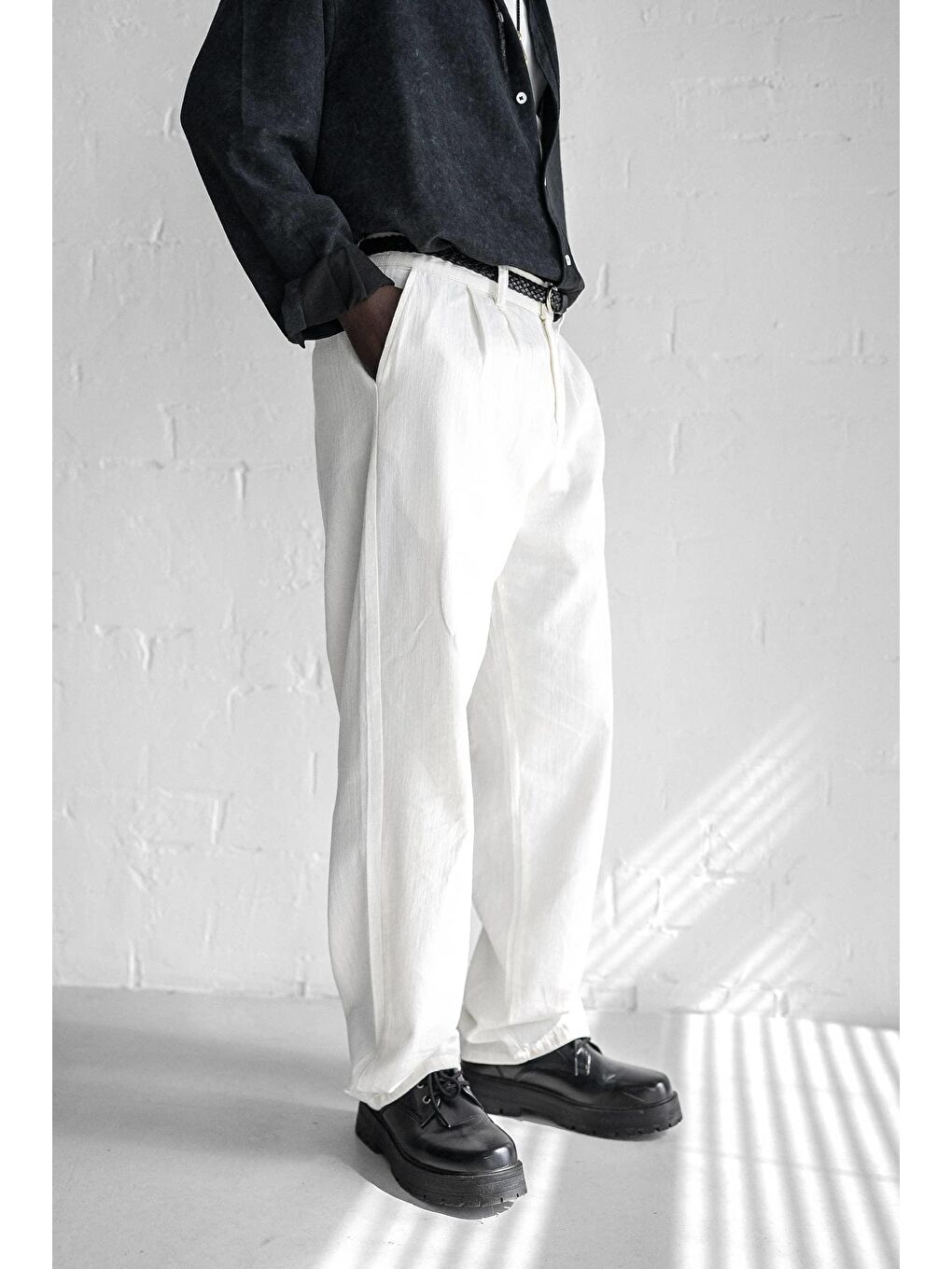 Erkek Beli Lastikli Desenli Baggy Pantolon Beyaz-2