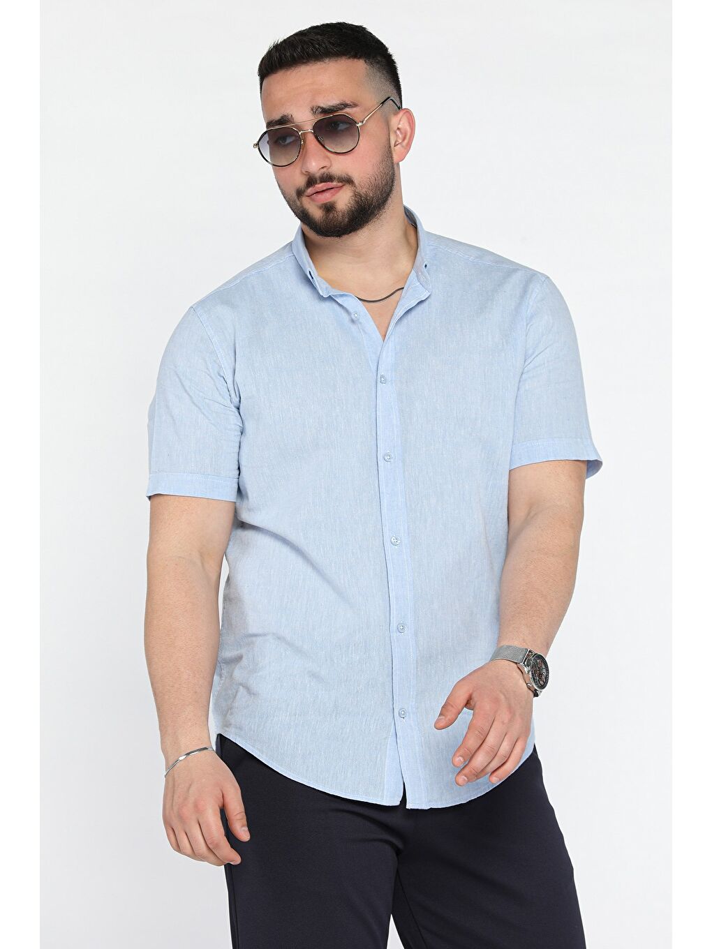 Mavi Erkek Kısa Kol Keten Gömlek-1