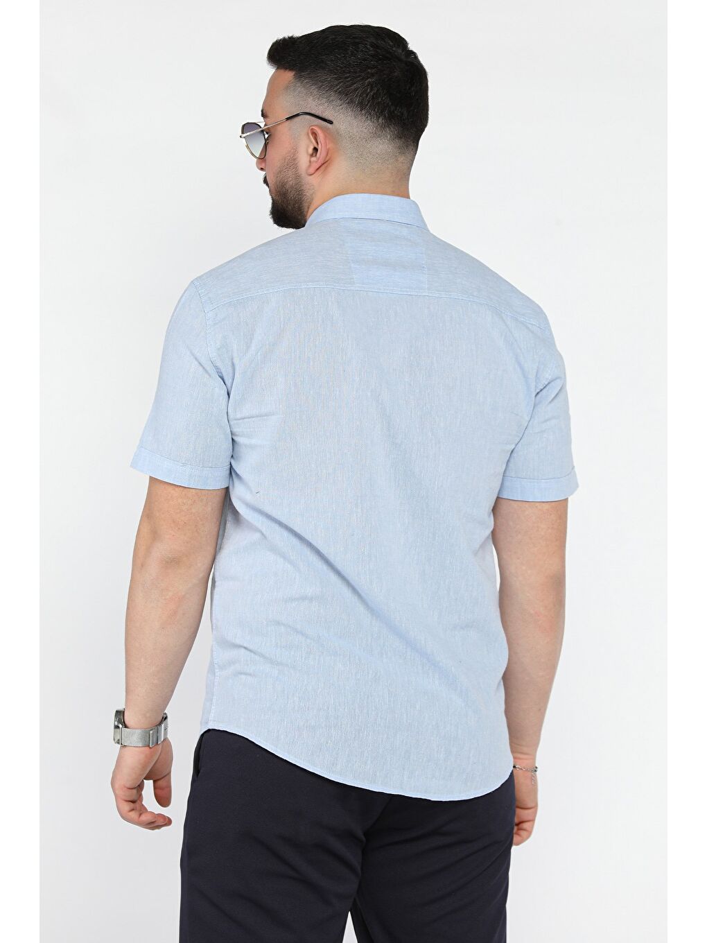 Mavi Erkek Kısa Kol Keten Gömlek-2