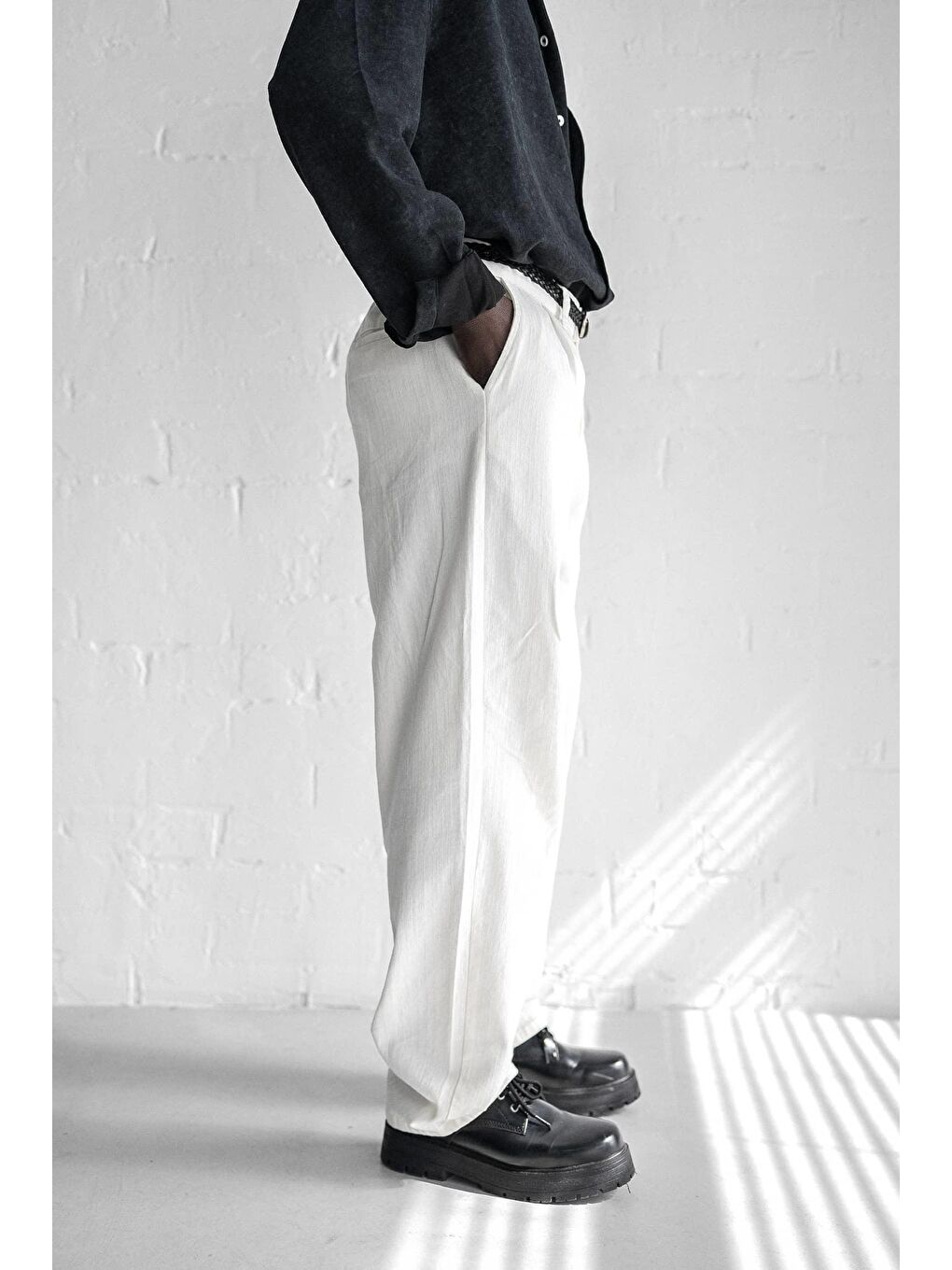 Erkek Beli Lastikli Desenli Baggy Pantolon Beyaz-3