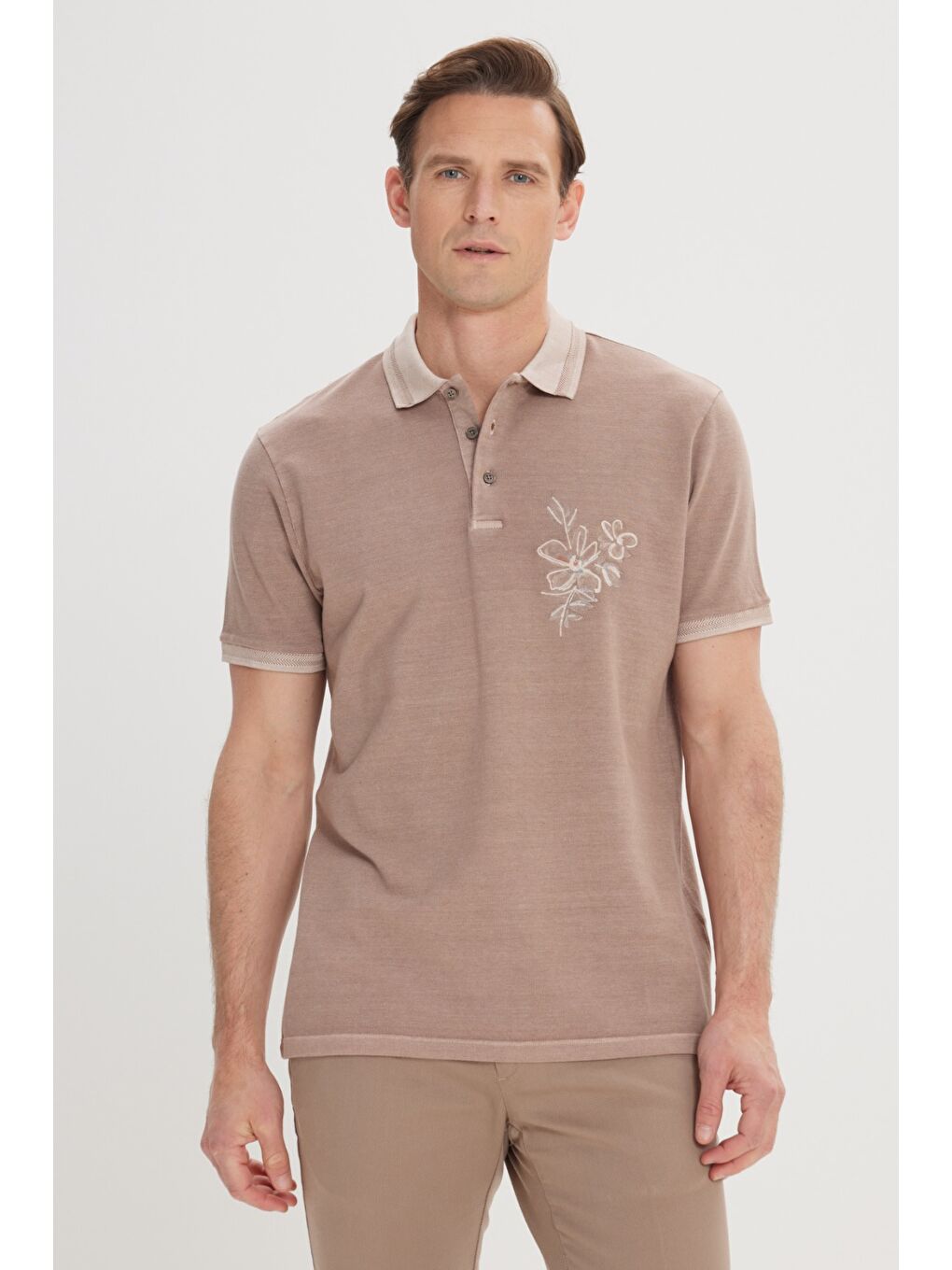 Erkek Koyu Bej Slim Fit Dar Kesim %100 Pamuk Baskılı Polo Yaka Tişört