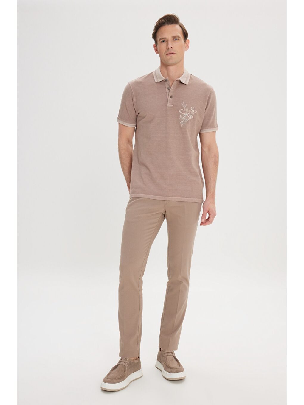 Erkek Koyu Bej Slim Fit Dar Kesim %100 Pamuk Baskılı Polo Yaka Tişört-1