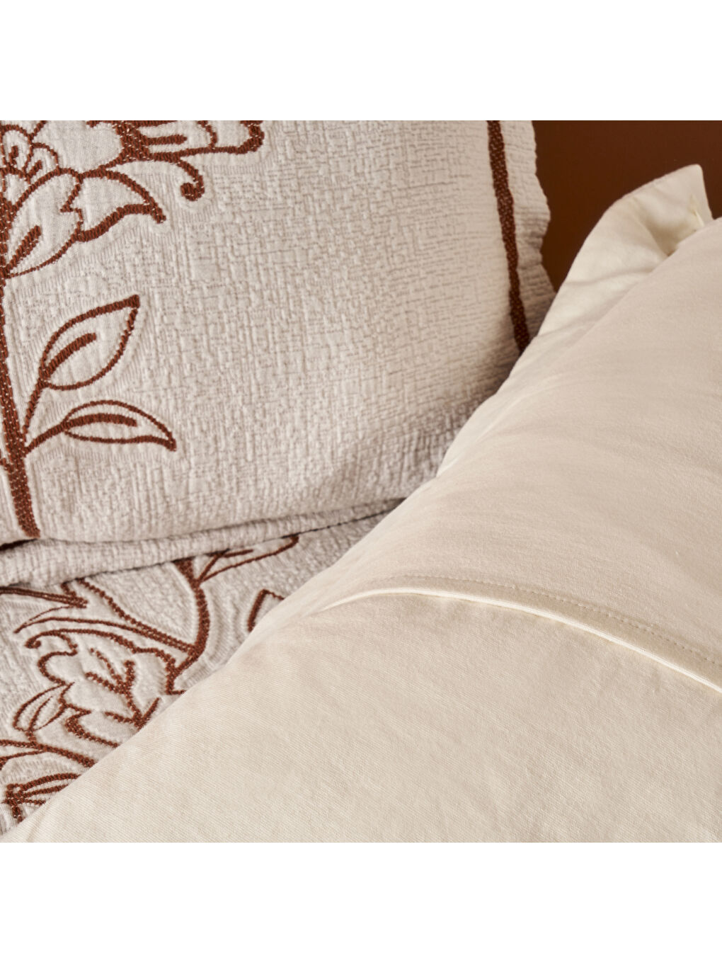 Ekru %100 Pamuk Indian Bloss Jakarlı Çift Kişilik Yatak Örtüsü Seti Krem (240x260 cm)-3