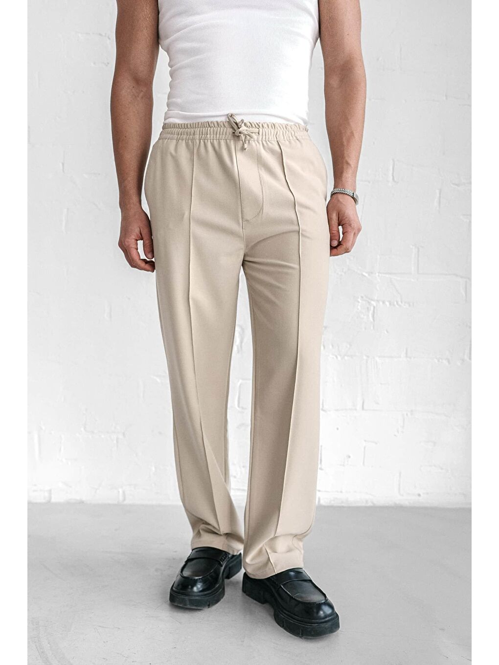 Ekru Erkek Beli Lastikli Baggy Pantolon Krem-2