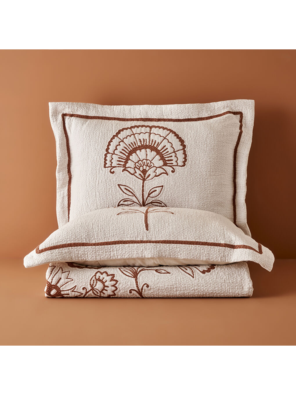 Ekru %100 Pamuk Indian Bloss Jakarlı Çift Kişilik Yatak Örtüsü Seti Krem (240x260 cm)-4