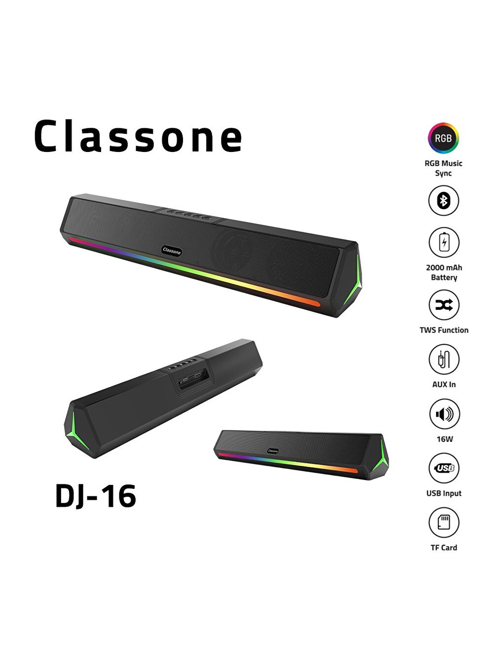 Classone DJ-16 RGB Işıklı Bluetooth Kablosuz Soundbar Hoparlör