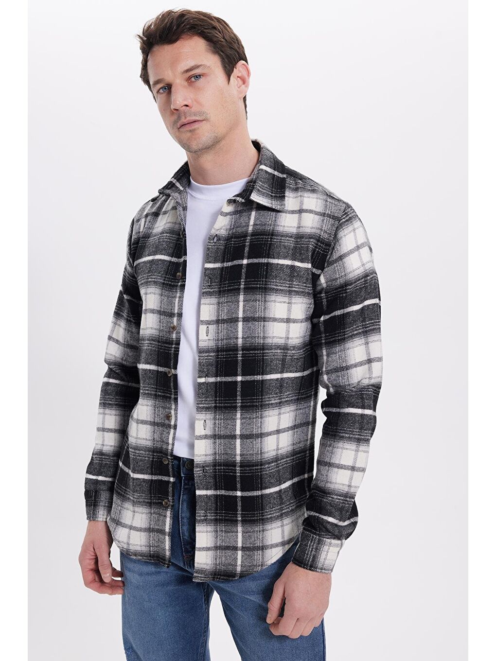 Siyah Erkek Slim Fit Dar Kesim Kareli Kışlık Oduncu Gömlek