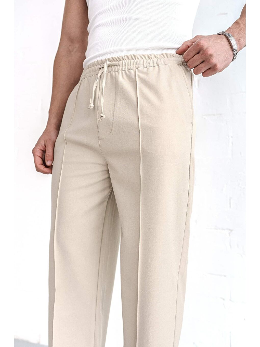 Ekru Erkek Beli Lastikli Baggy Pantolon Krem-3