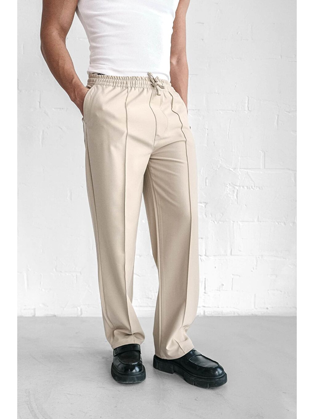 Ekru Erkek Beli Lastikli Baggy Pantolon Krem-4