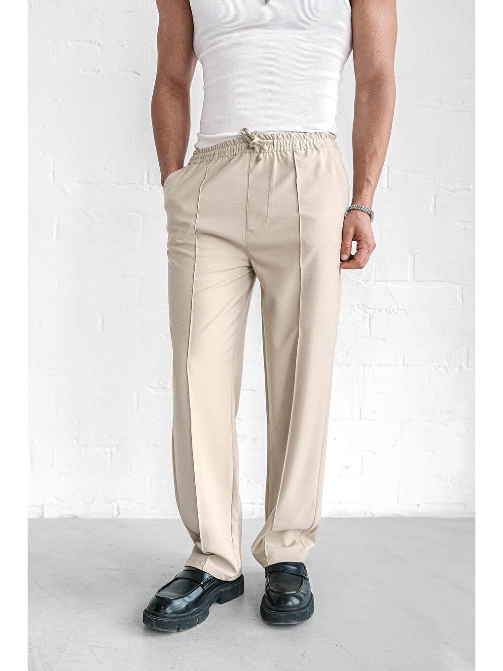 Ekru Erkek Beli Lastikli Baggy Pantolon Krem-5