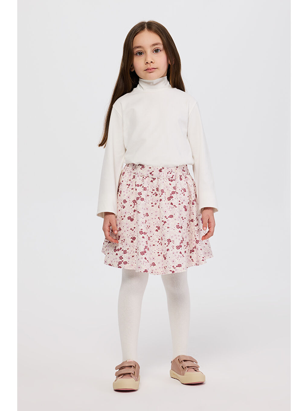 Kız Çocuk Çiçek Desenli Ekru Etek