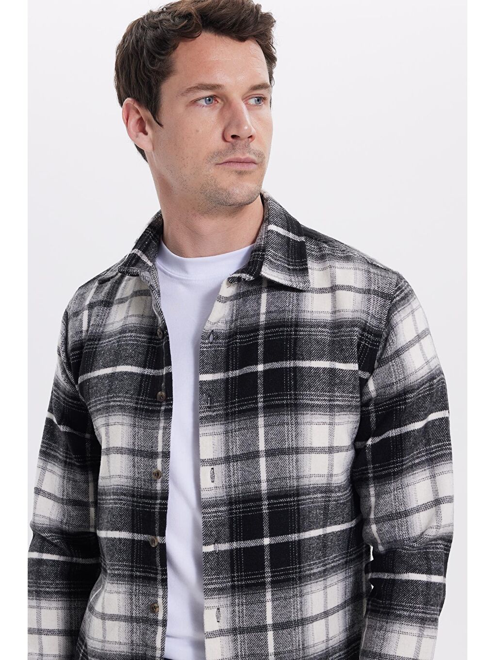 Siyah Erkek Slim Fit Dar Kesim Kareli Kışlık Oduncu Gömlek-1
