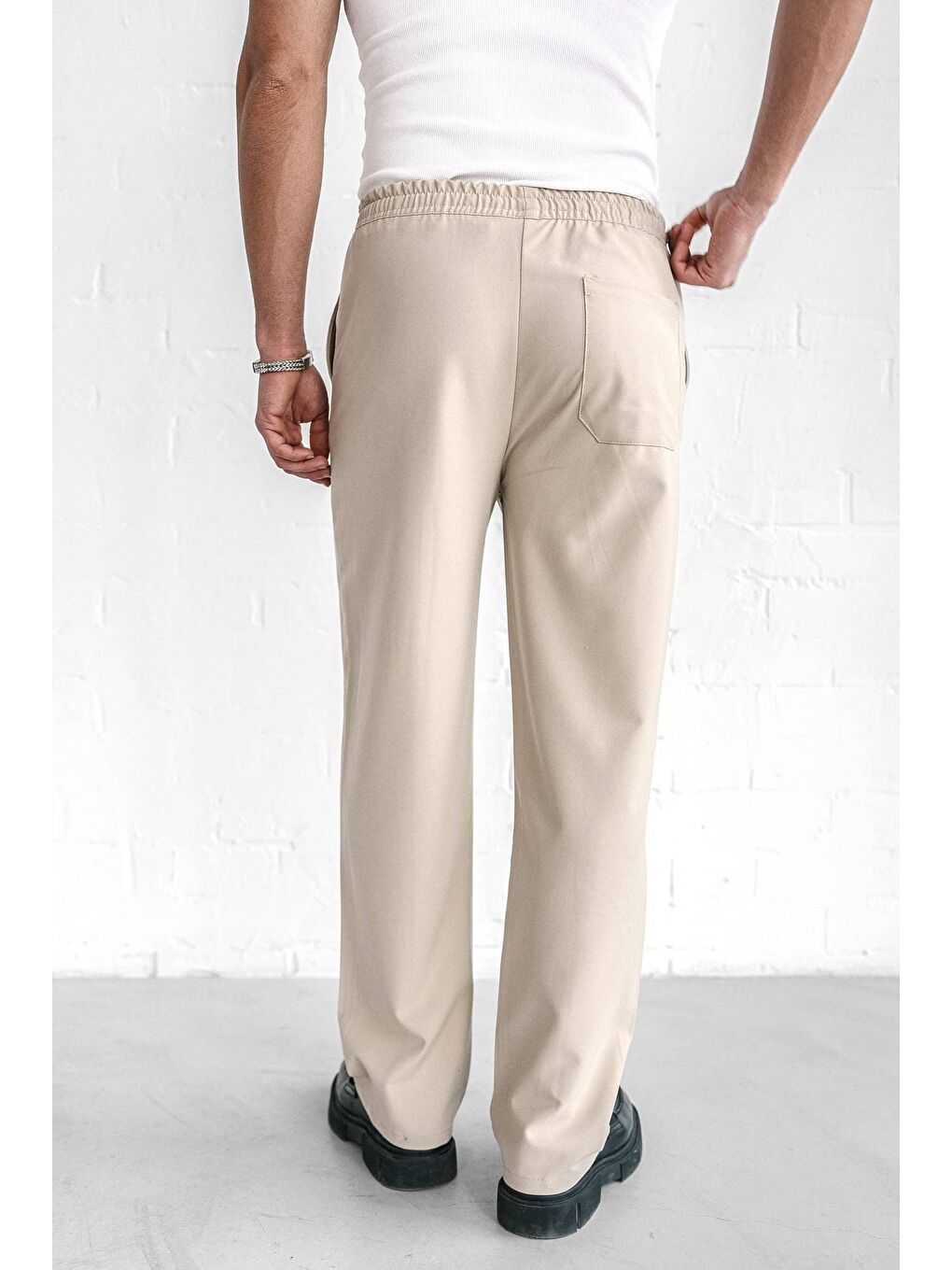 Ekru Erkek Beli Lastikli Baggy Pantolon Krem-6