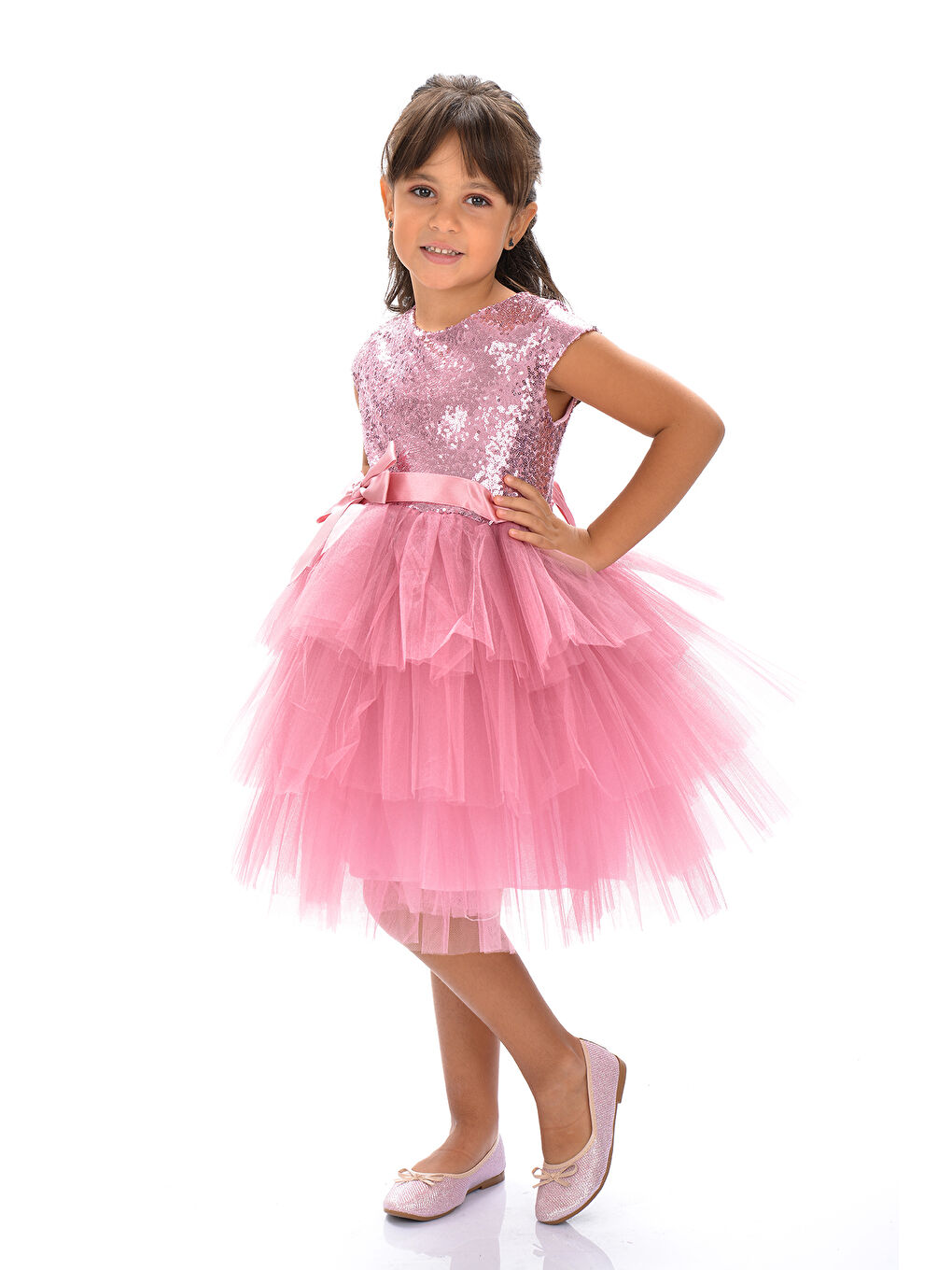 Pembe Çocuk Pullu Tüllü Parti Elbisesi-1