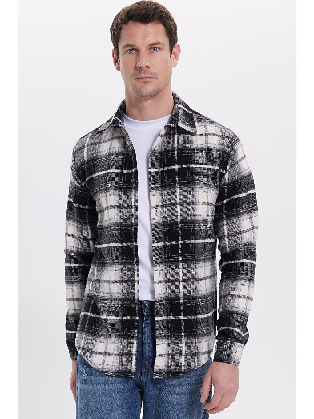 Siyah Erkek Slim Fit Dar Kesim Kareli Kışlık Oduncu Gömlek-5