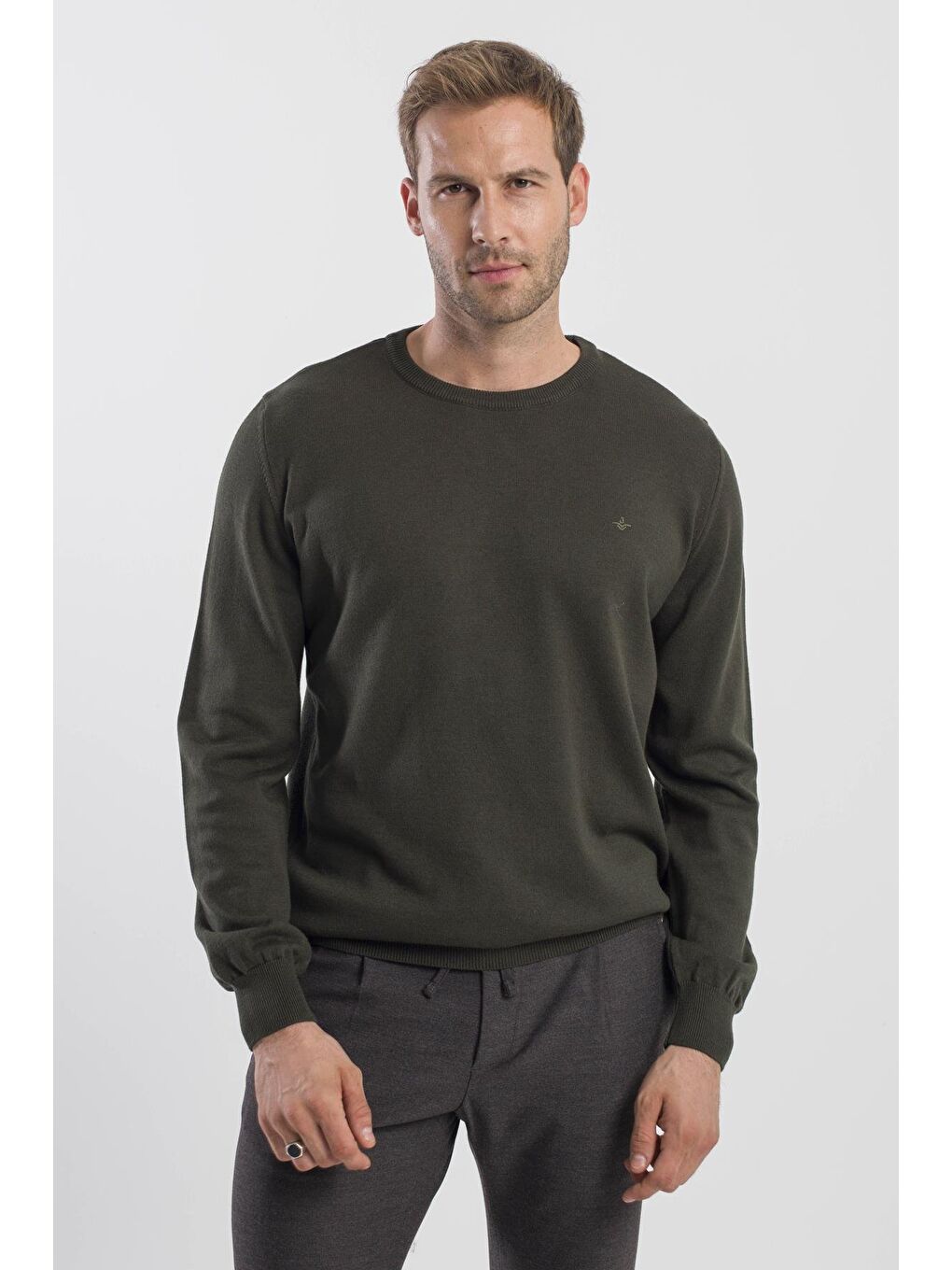 Haki Slim Fit Bisiklet Yaka Triko Kazak